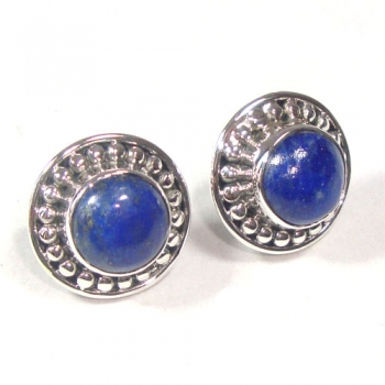 925 sterling silver round stone blue lapis lazuli ear-studs